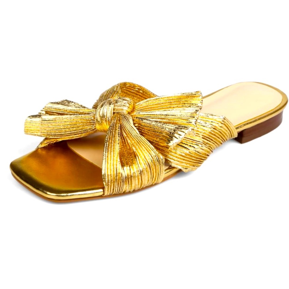 Golden Bow Flat Sandals Open Toe Summer Comfort Slip on Slide Sandals